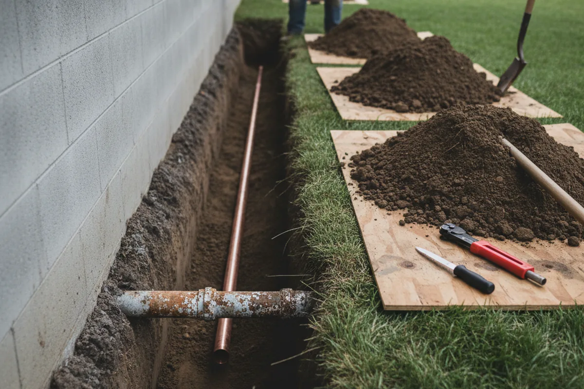 Excavated water line trench during Water Heater Repair in Rowley